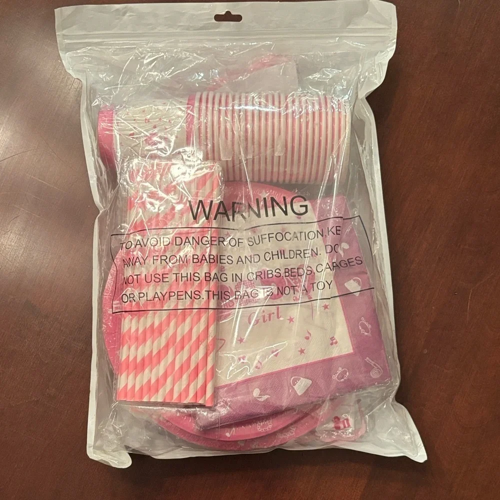 Brand New Baby Shower Party Supplies Plates Cups Napkins for 24 Guests Pink Girl